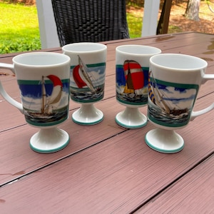 Set of 4 Vintage Footed Ceramic Pedestal Irish coffee Mugs with sailboat designs, 5.5&quot; tall