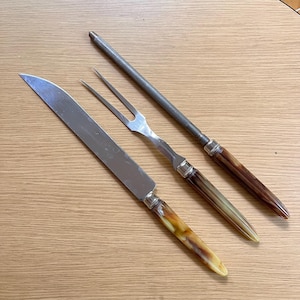 Vintage 3-piece Carving Set (knife, fork, sharpener) - stainless steel with Bakelite handles