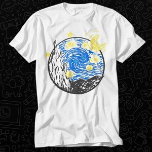 Camiseta de dibujos animados con arte de la noche estrellada de Van Gogh, regalo para mujeres, hombres, unisex, camiseta para adultos, música vintage, la mejor película OZ252