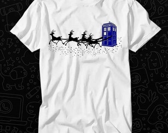 The Doctor Who Christmas Police Phone Box Flying Deer Star T Shirt Gift Unisex Top Adult Tee Vintage Music Best Movie OZ477