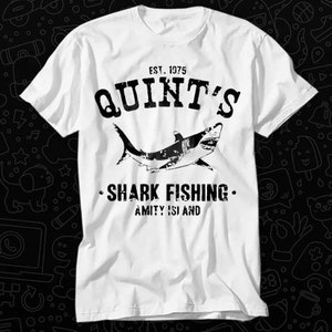 Amity Island 1975 Quint's Shark Fishing Jaws T Shirt Gift For Womens Mens Unisex Top Adult Tee Vintage Music Best Movie OZ331