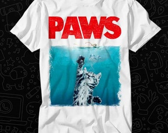 Paws Kitten Jaws Leuke Kat Fun T Shirt Cadeau Voor Womens Mens Unisex Top Adult Tee Vintage Muziek Beste Film OZ119