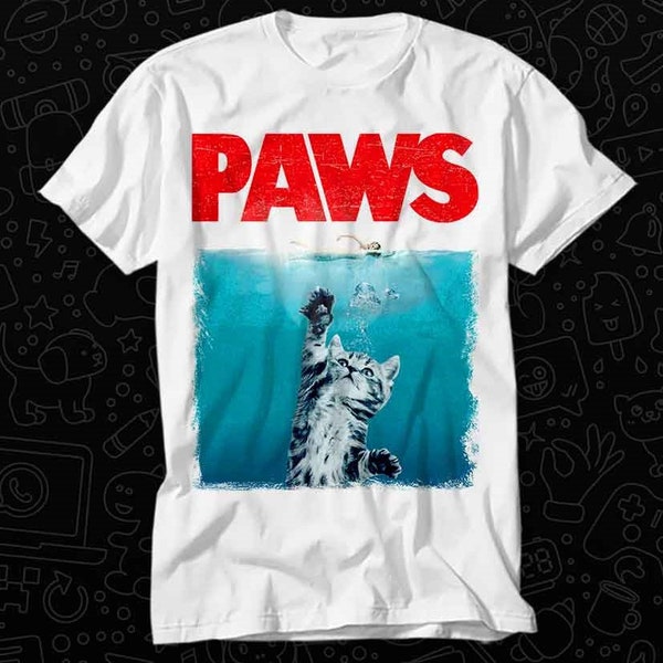 Paws Kitten Jaws Lindo Gato Divertido Camiseta Regalo Para Mujeres Hombres Unisex Top Adulto Camiseta Música Vintage Mejor Película OZ119