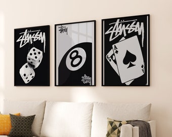 Stussy-Poster-Set mit 3 Schwarz-Weiß-Wandkunstdrucken im Trend, 8-Ball-Druck digital, Streetwear-Affiche zum Ausdrucken, Supreme-Dekor-Download