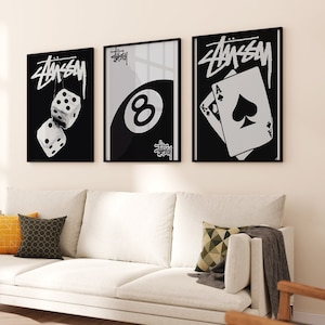 Stussy Poster Set Of 3 Black And White, Wall Art Prints Trendy, 8 Ball Print Digital, Streetwear Affiche Printable, Supreme Decor Download