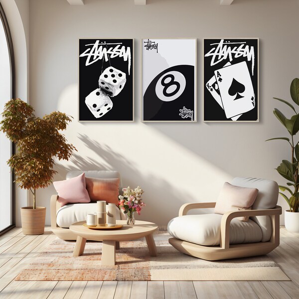 Stussy, lot de 3 affiches en noir et blanc, impression d'art mural tendance, impression numérique 8 boules, affiche streetwear imprimable, décoration Supreme à télécharger