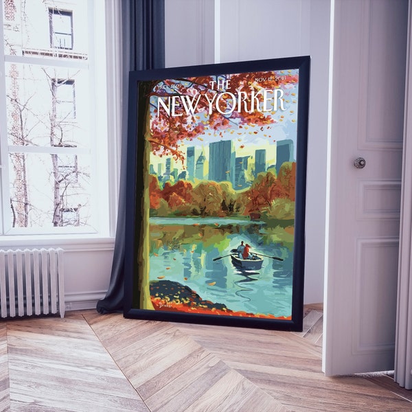 New Yorker Fall Poster Digital, Central Park Art Print, Autumn Home Decor Aesthetic, Central Park Painting Colorful, The New Yorker Magazine