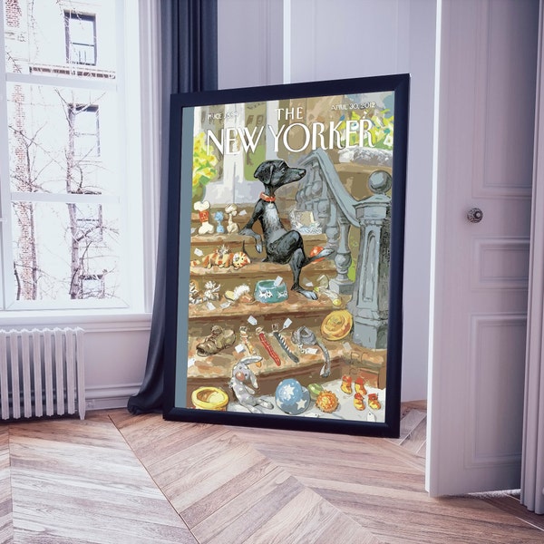 The New Yorker Dog Print, Dog Poster Funny Download, New Yorker Digital Print, New Yorker Magazine Cover, Dog Sitting On Porch Wall Art