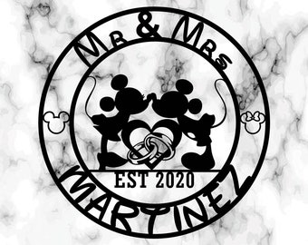 KuttyArts Personalized Mr and Mrs Metal Sign, Disney Metal Sign, Honeymoon Metal Gifts , Valentines Day Gifts, Mickey and Minne Metal Sign