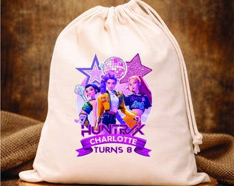 Personaliza el recuerdo de fiesta de cumpleaños de Huntrix: Bolsa con cordón de K-Pop Demon Hunter, bolsas Mira Rumi Joey
