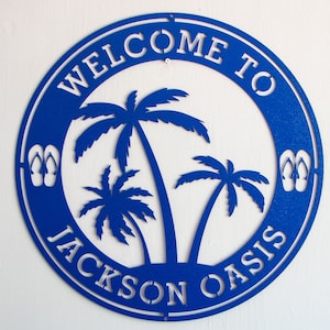 Custom Oasis Metal Sign: Personalized Tropical Palm Decor