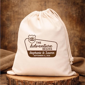 Custom National Park Wedding Favor Bags: Wedding Ring Drawstring Favors, Adventure Begins Bag