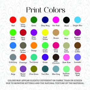 Puede incluir: Una carta de colores titulada "Print Colors" muestra una variedad de tonos, incluyendo rojo, naranja, verde y azul. Cada color est&aacute; etiquetado con su nombre, como "Hot Pink" y "Teal Green". El texto en la parte inferior indica que los colores pueden variar.