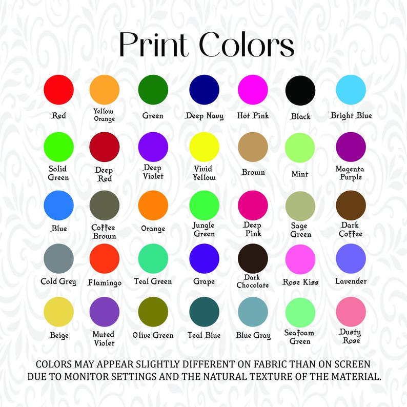 Puede incluir: Una carta de colores titulada "Print Colors" muestra una variedad de tonos, incluyendo rojo, naranja, verde y azul. Cada color est&aacute; etiquetado con su nombre, como "Hot Pink" y "Teal Green". El texto en la parte inferior indica que los colores pueden variar.