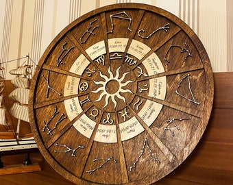 Holz Sternzeichen Rad, Sternzeichen Konstellationen, Himmelskarte, Astrologische Karte, Laser cut Dateien, Vektor datei | DXF, AI, EPS