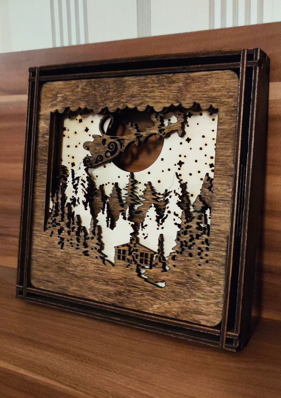Santa in Forest Art, Christmas Wood Decor, Framed Decor, Laser Cut