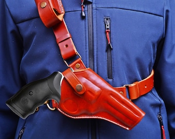Leather Chest Holster Fits Colt Python 357 Mag. - Colt King Cobra 357 Mag. |  Genuine Leather |  Handmade | Thumb Break