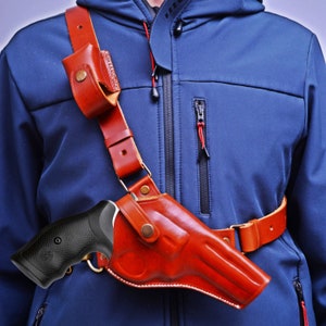 Leather Chest Holster Fits Colt Python 357 Mag. - Colt King Cobra 357 Mag. |  Genuine Leather |  Handmade | Thumb Break