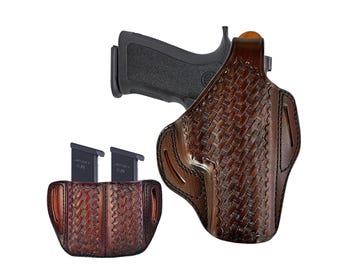 Oryginalna skórzana kabura pasująca do pistoletów Ruger Security 9, P85, SR9, SR9C, LC9 – splot koszykowy – z blokadą kciuka