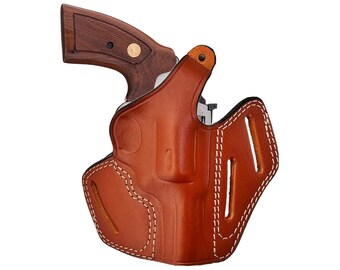 PulsarHolster Leather Paddle Holster For S&W 686,586,60,10,19 - Brown Thumb Break Revolver Holster