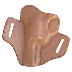 May include: A light brown leather holster with a molded shape. The holster features two slots for a belt and is stitched with dark thread around the edges. The leather has a natural, unpainted finish.