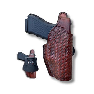 Leather Paddle Holster For Colt 1911 45 ACP or Colt 1911 Defender, BasketWeave, Handcrafted