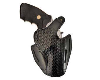 Genuine Leather Holster for S&W Model 686, 60, 66, 10, 19 - 3 Slot Belt Loops - Basket Weave