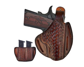 Leather Belt Holster Fits Taurus G2S, G2C, G3C, Thumb Break, 3 Slot Belt Loops, Basket Weave