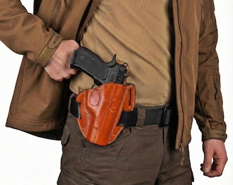 Leather Belt Holster Fits Glock 17, 19, 21, 23, 26, 27, 29, 30, 42, 43 - 3 Slot Belt Loops