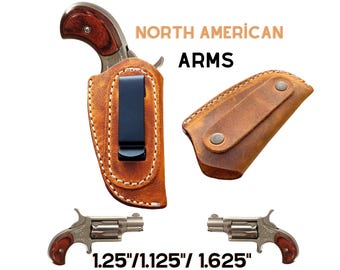 Könnte beinhalten: Abbildung von Schusswaffen und Zubehör von North American Arms. Das Bild zeigt einen kleinen Revolver mit Holzgriff, eine braune Lederholster und eine kleine Ledertasche. Der Text "NORTH AMERICAN ARMS" und Größenangaben sind ebenfalls sichtbar.