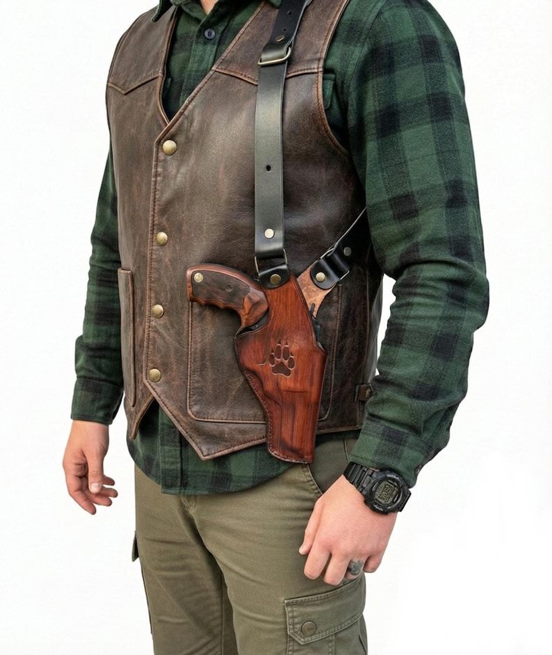 Puede incluir: Funda de hombro de cuero marr&oacute;n con una pistola de cuero marr&oacute;n a juego. La funda se lleva sobre un chaleco de cuero marr&oacute;n y una camisa a cuadros verde. La funda tiene un dise&ntilde;o de huella de pata.