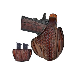 Premium Leather Holster For Colt 1911, Basket Weave, OWB Belt Carry, Double Magazine, 3 Slot Belt Loops