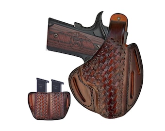 Leather Belt Holster For Kimber Micro 9mm, Basket Weave, Handcrafted