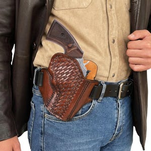 Handgemaakte leren holster met mandvlechtpatroon voor S&W Model 686 .357 Magnum 3" - Snel trekken