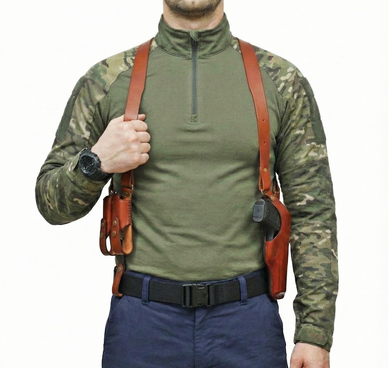 Leather Shoulder Holster Fits Ruger Security 9mm, P85, SR9, SR9C, LC9 - Double Magazine Pouch image 1