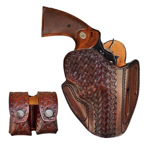 Genuine Leather Holster for S&W Model 686, 60, 66, 10, 19 - 3 Slot Belt Loops - Basket Weave - OWB Belt