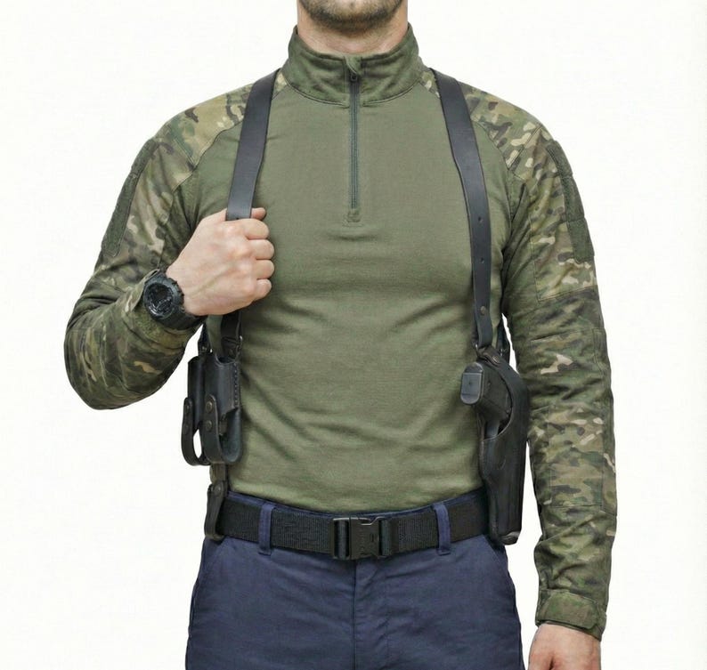 Leather Shoulder Holster Fits Ruger Security 9mm, P85, SR9, SR9C, LC9 - Double Magazine Pouch image 2