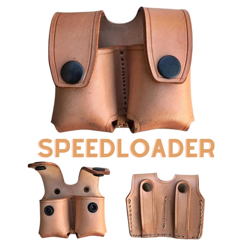 May include: A light brown leather speedloader pouch with two compartments, each secured by a black snap. The word "SPEEDLOADER" is printed in a light orange color below the pouch. Additional views of the pouch are shown.