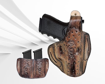 Fondina in pelle personalizzata per Glock 17, 19, 21, 23, 26, 27, 29, 30, 42, 43 - Vestibilità sicura ed estrazione rapida, doppio porta caricatori