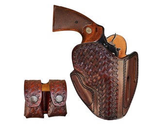 Leather OWB Belt Holster for Colt Python, King Cobra & Viper Revolvers with Dual Speedloader Pouch