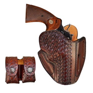 Leren holster: past op Ruger GP100, SP101 357 Mag - OWB-lussen met 3 sleuven - vlechtwerk