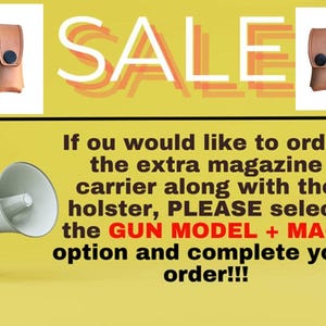 May include: Tan leather magazine carrier with black snap closures. The image includes the word "SALE" in large white letters with an orange shadow. Text on the image instructs the viewer on how to order.