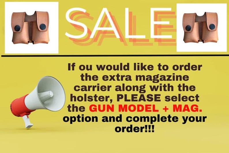 May include: Tan leather magazine carrier with black snap closures. The image includes the word "SALE" in large white letters with an orange shadow. Text on the image instructs the viewer on how to order.