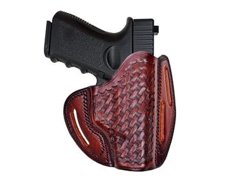 Handmade Leather OWB Holster: Basket Weave, Fits Taurus G2S/G2C/G3C