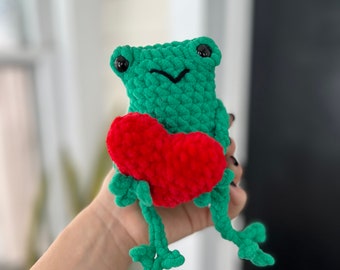 Crochet Leggy frog with heart plushie