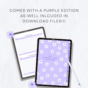 Op de afbeelding: Twee tablets met een digitale planner met een lichtpaarse kaft met een wit madeliefjespatroon en de tekst MY MARKET PREP PLANNER. Het scherm toont een inventarisatiesjabloon en maandelijkse tabbladen. Een witte stylus ligt naast de tablets.