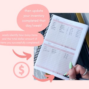 May include: A close-up of a planner with a grid layout for tracking inventory. The planner has a section for inventory completed and a section for inventory totals. The planner is open to the page for April 25th. The planner has a black spiral binding.