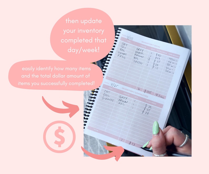 May include: A close-up of a planner with a grid layout for tracking inventory. The planner has a section for inventory completed and a section for inventory totals. The planner is open to the page for April 25th. The planner has a black spiral binding.
