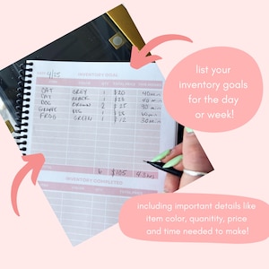 May include: A close-up of a planner page with a handwritten inventory list. The list includes items like "Cat", "Dog", "Giraffe", and "Frog" with corresponding colors, quantities, prices, and estimated time to make each item. The total inventory goal is 6 items for a total of $105 and 4.3 hours of work.