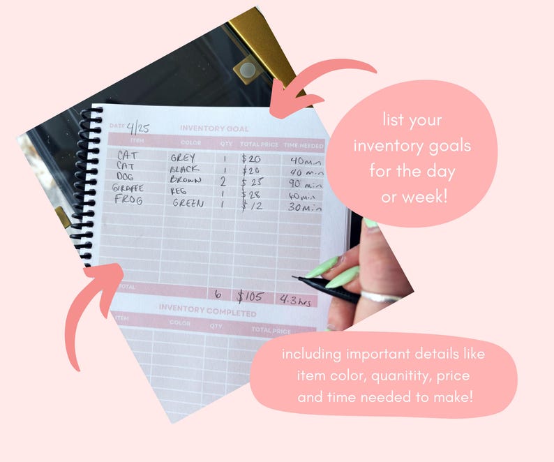 May include: A close-up of a planner page with a handwritten inventory list. The list includes items like "Cat", "Dog", "Giraffe", and "Frog" with corresponding colors, quantities, prices, and estimated time to make each item. The total inventory goal is 6 items for a total of $105 and 4.3 hours of work.